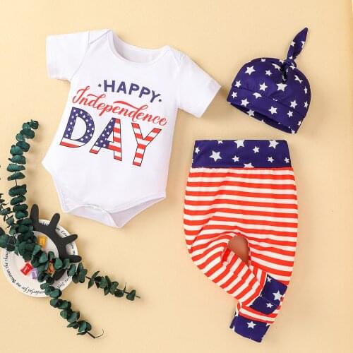 2021-04-02 Lioraitiin 3Pcs Set 0-18M Infant Baby Boy Clothing Independence Day Short Sleeve Romper Top Long Pant Hat Outfit