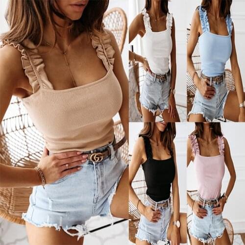 Sexy Backless Low Cut Ruffle Ruched Tank Tops Summer Fashion Womens Knit Slim Camis Vests Ladies Solid Camisole