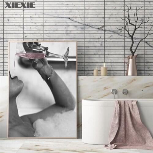 Fashion Woman Drinking Rose Champagne In Bubble Bath Canvas Prints Modern Painting On The Wall Picture Poster for Bathroom Decor