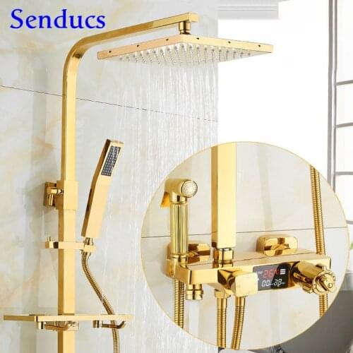 Bathroom Shower Set Square Gold Thermostatic Bath Shower System Square Brass Bathroom Shower Faucet Gold Digital Shower Sets