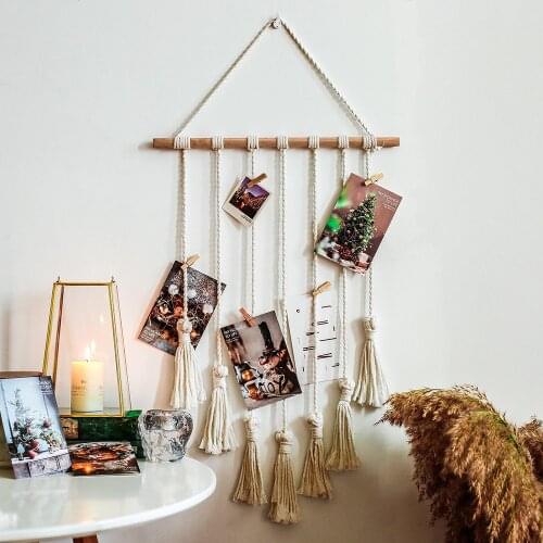 1 Set Macrame Wall Hanging Woven Shelves Boho Tassels Photo Display Holder Home Wall Art Decor (includes 20 Wooden Clips) )