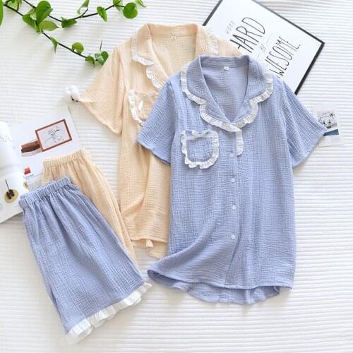 2021 Japanese new style ladies summer 100% cotton crepe short-sleeved shorts pajamas two-piece pure color cute home service set