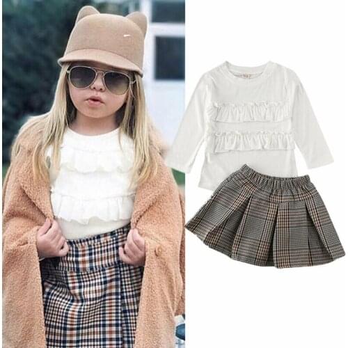 Citgeett New Spring Sweet Toddler Baby Girl Kid Long Sleeve White Lace Ruffles Tops Plaid Skirt Clothes Set