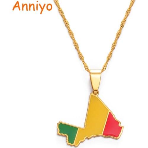 Anniyo Mali Map & Flag Pendant Necklaces for Women Men Gold Color Ethnic Jewelry Stainless Steel Republique du Mali #156321