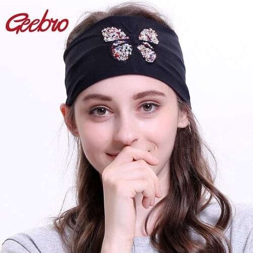 Geebro Womens Plain Stretch Headbands Fashion Cotton Butterfly Elastic Flat Headband For Girls Shine Rhinestones Hair Band