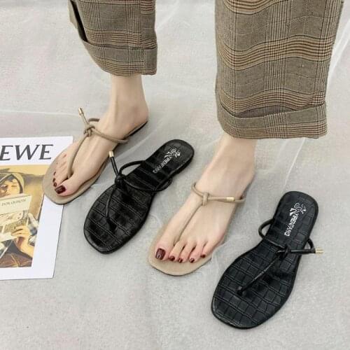 2021 Summer New Pure Color T-shaped Straps Flip-flop Wild Fashion Flat Bottom Outer Wear Non-slip ladies Slides Beach Lazy Shoes