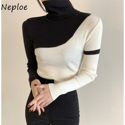 Neploe Design Sense Black White Contrast Color Spliced Sweaters Women High Neck Pullover Slim Long-sleeve Knitted T-shirt Female