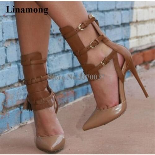 Women Fashion Pointed Toe Brown Patent Leather Gladiator Pumps Cut-out Ankle Strap High Heels Knight Shoes Dress Shoes