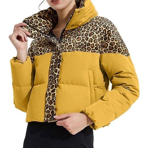 Leopard Print Patchwork Women Parka Bread Clothing Long-sleeved Cropped Warm Coat Female 2021 Winter Lady Streetwear Parkas