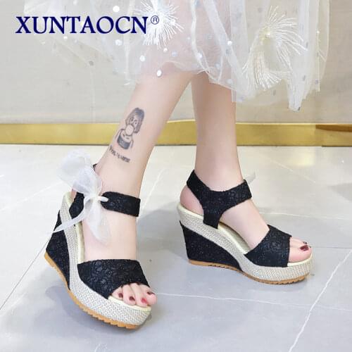 Summer Womens I-Shaped Buckle Platform Peep Toe Wedge Sandals Ladies Elegant Temperament Dress High Heels Hook And Loop Shoes