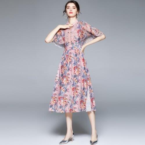 Runway Cloak Sleeve Chiffon Dress For Women Vintage Stand Collar Pink Flower Print Diamonds Button Simple Split Vacation Dresses