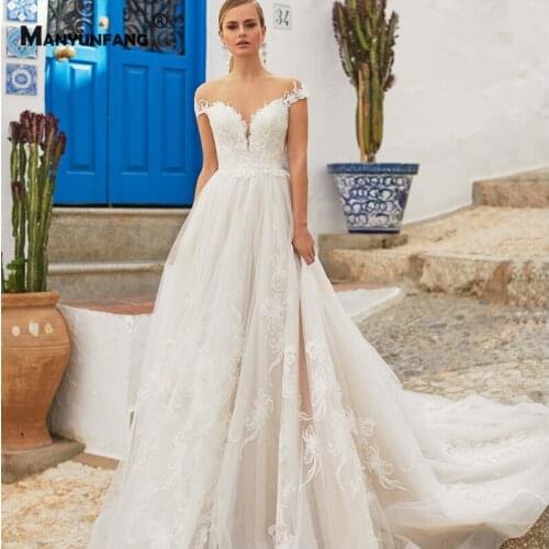 High-End Illusion O-Neck Cap Sleeve Chapel Train Wedding Dress for Women Elegant Embroidery Appliques Tulle Bridal Ball Gown