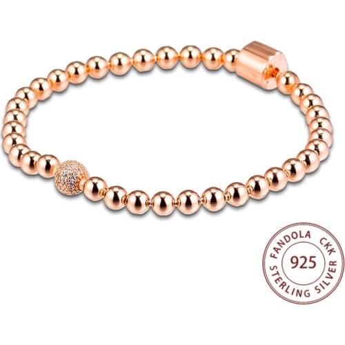100% 925 Sterling Silver Bracelet Rose Beads & Pave Bracelets & Bangles for Women Party Daily Fine Jewelry Gift Pulseira