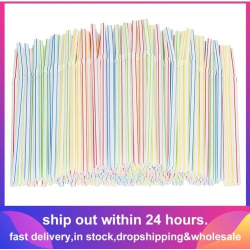100 Pcs Disposable Plastic Drinking Straws Multi-Colored Striped Bendable Elbow Straws Party Events Alike Supplies Color Random