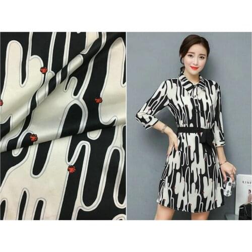 140cm wide 19mm 97% silk & 3% spandex cactus print stretch silk satin fabric for dress shirt clothes cheongsam black wine red