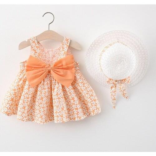 2PCS/Set Girls Dress Summer Girl Princess Dress +Hat Toddler Baby Girls Floral Flowers Sleeveless Bow Frocks+ Straw Hat