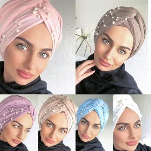 2020 Stretchy Jersey Turban Caps Muslim Women Pearls headscarf India Hat Cotton Turban Femme Musulman Hijab Bonnet Turbante Cap