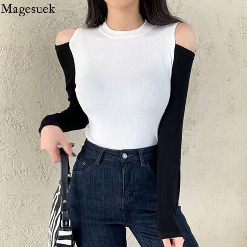 Long Sleeve Color Patchwork Tshirt Womens Bottoming T-shirt Autumn Sexy Off-shoulder Tops Korean Slim Cotton Tees Blouse 15804