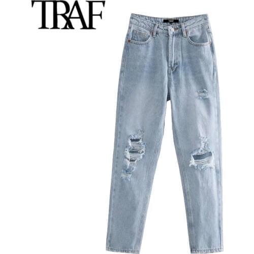TRAF Women Chic Fashion Ripped Hole Side Pockets Jeans Vintage High Waist Zipper Fly Denim Female Ankle Trousers Mujer