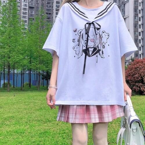 Women Cotton Sailor Collar T-Shirt Harajuku Soft Sweet Short-Sleeved Top Japanese Style Y2k Girly Manga Print Tees Female