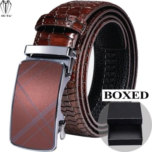 Famous Boxed Crocodile Pattern Red Burgundy Real Leather Mens Belts Automatic Buckles Waistband Ratchet for Dress Jeans Wedding