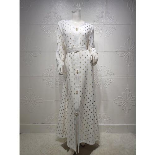 Two Pieces Belt Dress Set For Women Muslim Ramadan Eid Maxi Dresses Clothing Jalabiya White Dot Bronzing Dubai Arabic Kaftan