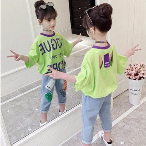 Girls Clothing Set Casual Children Two Piece Suit Letter printing Tops +Denim Pants Teenage Girl Set Summer Tracksuit 5-12y