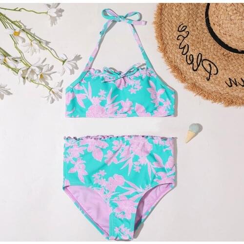Floral Girl Swimsuit Kids 5-14 Years Two Piece Childrens Swimwear High Waist Girl Bikini Set Frill Girls Bathing Suit Beachwear