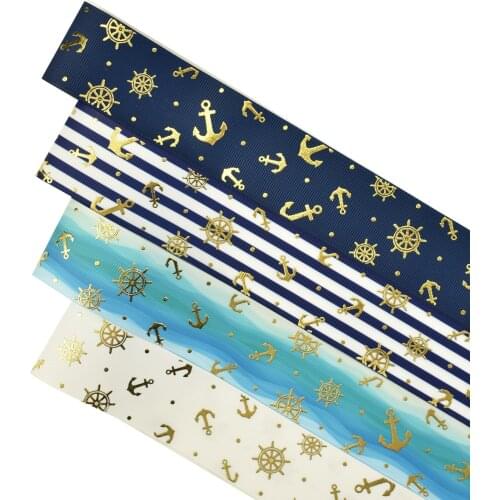 38mm Ocean Series Gold Foil Anchor Grosgrain Ribbon 50yards Welcome Custom Printed