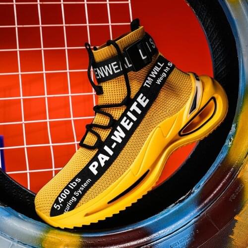 Mens Sneakers Black White Yellow Cushioning Jogging Sports Platform Sneakers Light Running Comfortable High-top SocksMen Shoes