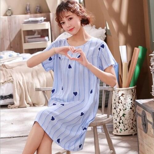 Nightgown women large size loose cotton nightwear dress short sleeve summer nightdress female cartoon print nightshirt 11 style