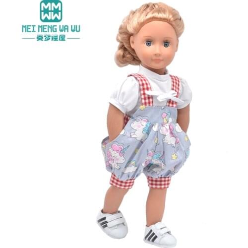 Clothes for doll fit 45 cm American doll accessories Fashion cartoon strap set Plaid coat Girls gift