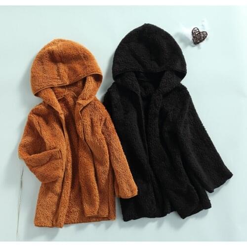 2021-06-29 Lioraitiin 3-7Years Toddler Girls Boys Fur Winter Coats 2 Colors Open Front Solid Color Long Sleeve Hooded Outerwear