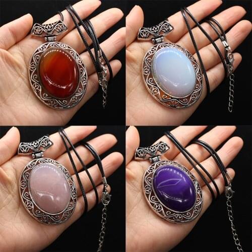 Natural Stone Pendant Oval Shape Lapis lazuli Crystal Agated Ladies Fashion Pendants Necklace Leather Rope Chain Jewelry 46x75mm