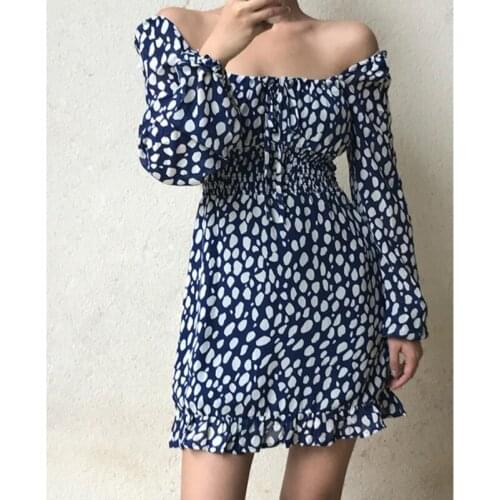 French Women Long sleeve Dress Elegant Lacing up Collar Blue Leopard Dot Print Ruffle Hem Short Party Dresses Slim fit Vestido