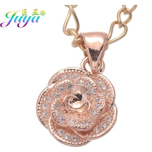 Juya Micro Pave AAA Cubic Zirconia Gold/Rose Gold Flower Camellia Charm Pendant Gold Chains Necklace For Women Girls