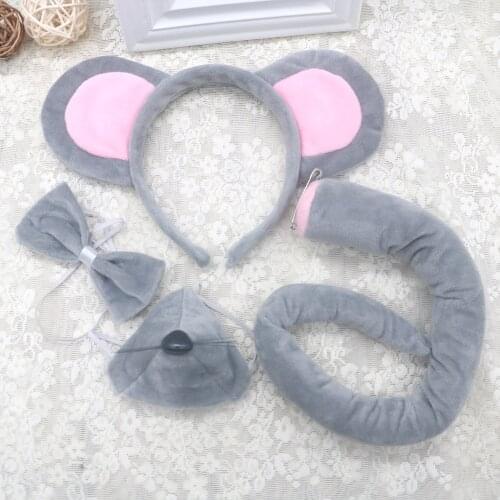 Grey Mouse Costume Set Rat Ears Headband Tail Nose Bow Tie for Birthday Party Decoration Halloween Christmas Gray Color