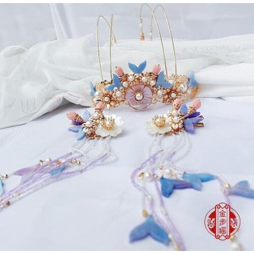 Luxury vintage lilac Pearls handmade tassel hair clip Hair crown hair stick accessories for kimono hanfu COSPLAY