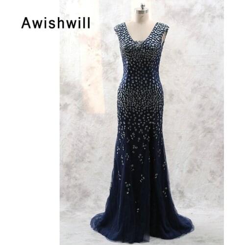 Custom Made Plus Size Navy Blue Evening Gowns Double V Neck Beaded Rhinestones Floor Length Elegant Prom Dress Formal Dresses