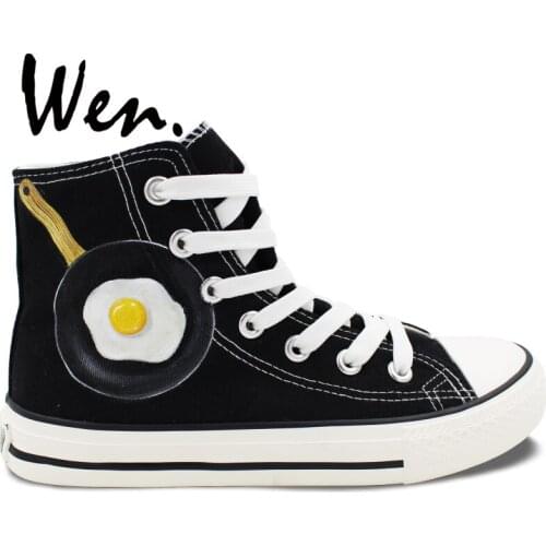 Wen Hand Painted Shoes Design Custom Poached Egg Graffiti Painting Black Canvas Sneakers High Top Lace up Plimsolls Trainer