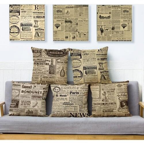 Vintage Newspaper Cushion Cover for Sofa Home Decor Throw Pillowcase Print Geometric Pillow Case Linen 45*45cm