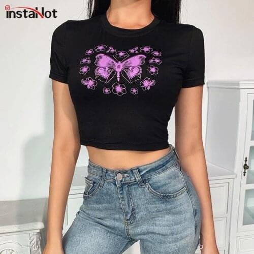 InstaHot womens T Shirt short sleeve summer crop top butterfly print o neck streetwear casual t shirt female tops 2020 slim top