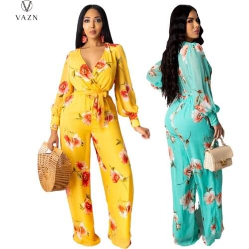 VAZN 2021 Autumn High-end Chiffon Sweet Overalls Young Sexy Short Sleeve Free Women High Waist Slim Wide Leg Jumpsuits
