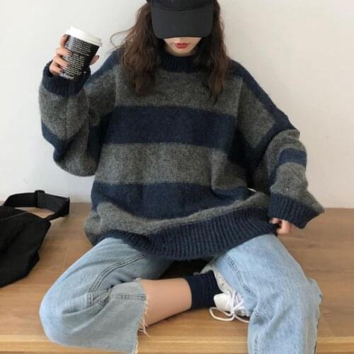 Women Sweater Autumn Vintage Color Block Wide Striped Loose Oversized Pullover All-Match Streetwear Knitted Jumper 2021