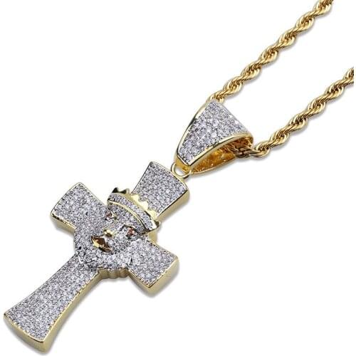 Lucky Sonny Hip Hop Cross Pendant Necklace Lion Head Charm Accessory Gold-Silver Tone Color Iced Zircon Out Bijoux Free Shipping