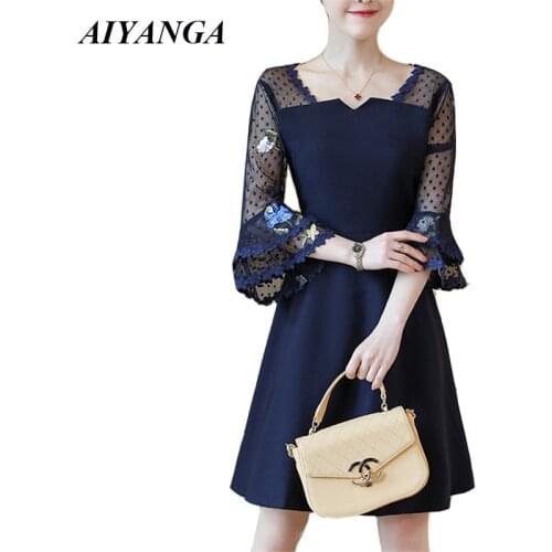 L-5XL 2019 Spring embroidery Dress For Women Patchwork Mesh Dresses Three Quarter Slim Plus Size A-Line Short Dress Female