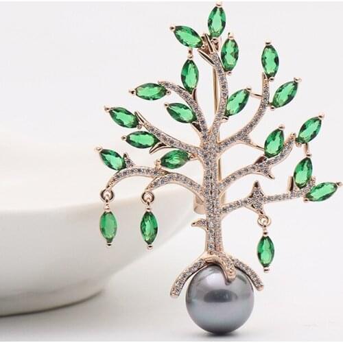 Winter new exquisite stone green tree brooch inlaid with pearl retro corsage for women