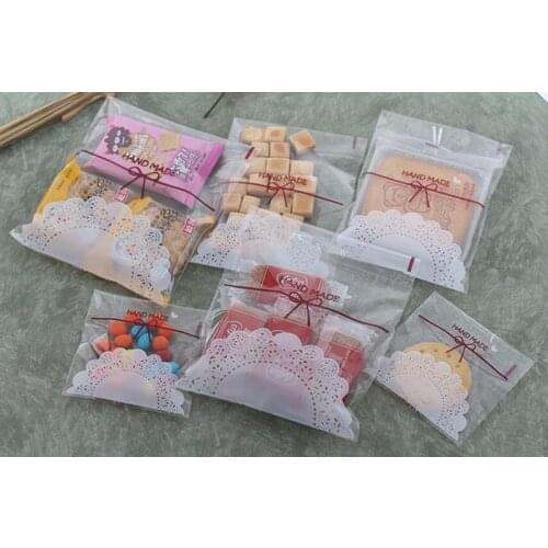 100 pcs Baking Gift Package Bags Wedding Decoration Lovely White Lace Bow-knot Cookies Candy Self-adhesive Plastic Bags