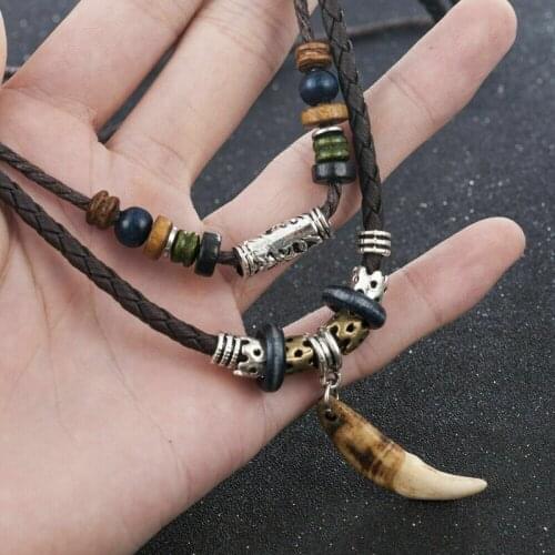 2021 Men Vintage Wolf Tooth Pendant Necklace Multi-layer Leather Beaded Weaved Prayer Lucky Necklace Bohemia Jewelry