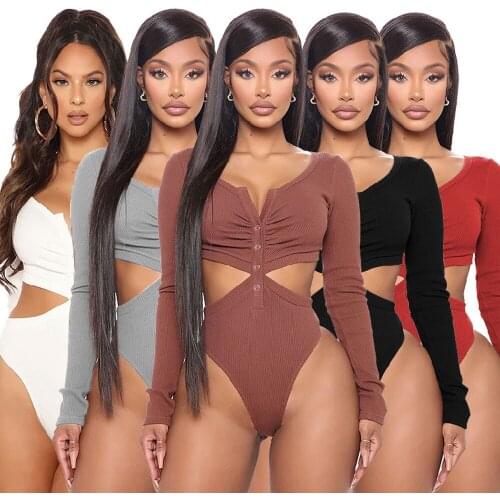 2021 New Product To Spring Sexy Deep V Concealed Buckle Hollow Bodysuit Women Long Sleeve Knitted Rib Skinny Rompers S-4XL